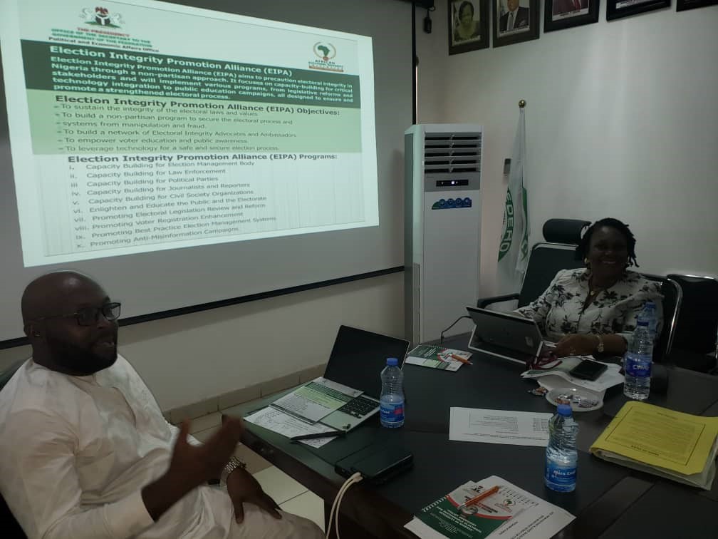 Dr. Daniel Omofoman (AE2I) and Mrs. Helen Garpiya Deputy Director Department of Political Research and Constitutional Matters. At the Electoral Integrity Promotion Alliance (EIPA) TWO-DAY retreat for members of the secretariat